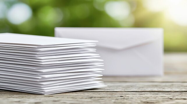 Stack of White Envelopes and a Single Envelope on a Rustic Wooden Table with Blurred Greenery Background