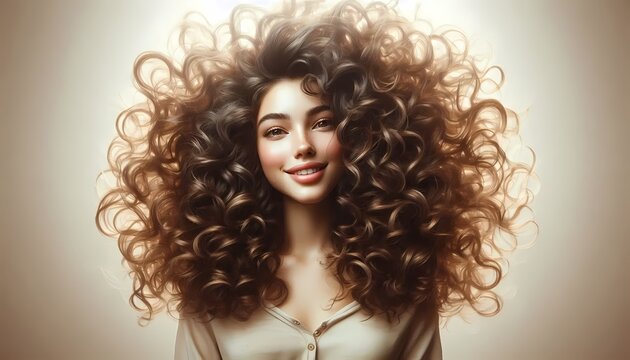 A girl with a big wild mane of curly hair looks free and happy in a wavy hair magic portrait, Ai generated image