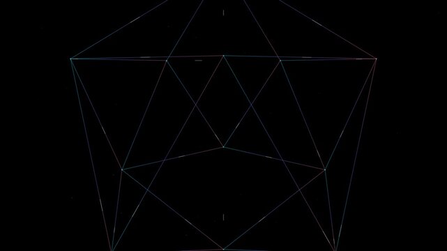 Rotating Wireframe Icosahedron Geometry Graphic With Subtle Pulsating Movement And Connecting Blue And Red Lines On A Dark Background Loop