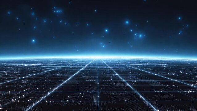 A digital landscape shows a grid illuminated by bright stars against a dark background, creating a futuristic and vast atmosphere