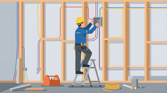 Flat vector illustration of an electrician installing electrical wires and connecting a control box inside a building under construction. Represents electrical installation, wiring, construction, engi