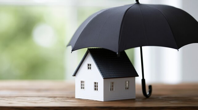 Symbolic representation of home protection under a black umbrella, highlighting insurance and security concepts.