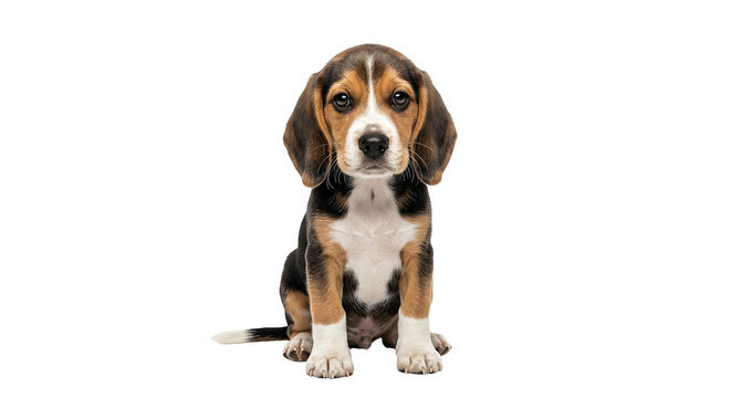 Cute beagle puppy sitting upright on transparent background