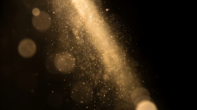 Soft golden particles glowing in the dark, creating a magical and ethereal atmosphere with bokeh effects, perfect for adding a touch of luxury or celebration to any design