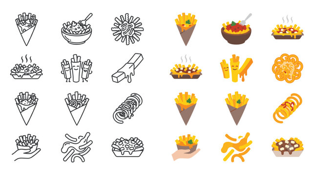 French fries icons set with poutine snacks and delicious loaded potatoes.