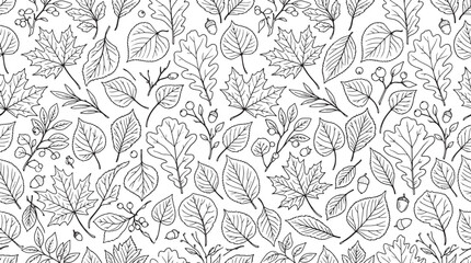 Fototapeta premium Hand drawn seamless pattern of autumn leaves and acorns in black and white line art style