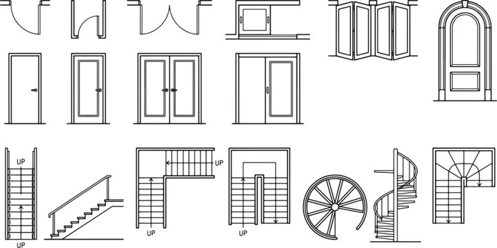 Architectural floor plan symbols set featuring various door types and staircase configurations in black line art