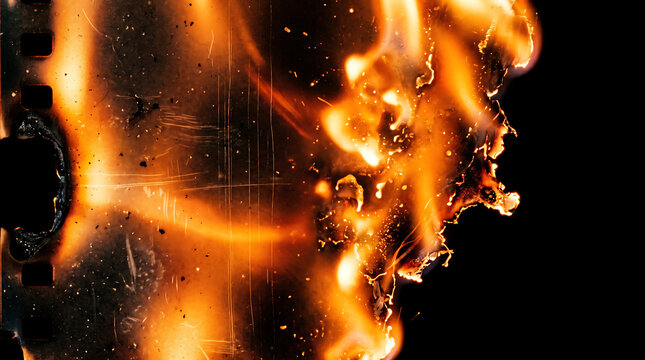 A vintage 35mm photographic film strip burning and melting in bright orange flames against a dark background, capturing destruction, memory loss, and retro cinema art
