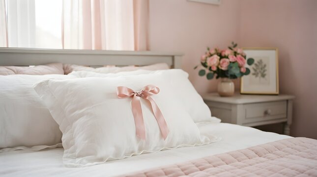 Cozy bedroom interior with a beautifully made bed and delicate floral arrangement