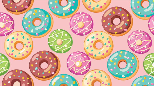 Editorial pattern design featuring variety of tasty glazed donuts vector illustration seamless background colorful breakfast sprinkles confection doughnut delicious wallpaper creative