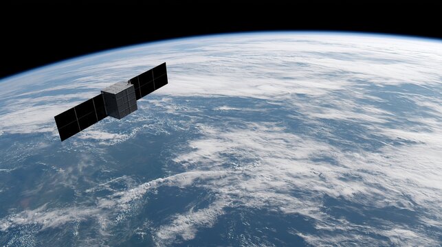 Small Satellite with Solar Panels Orbiting Earth, Outer Space Exploration and Technology Concept