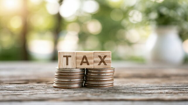 Wooden Blocks Spelling TAX Resting on Stacked Coins Outdoors with Soft Bokeh Background