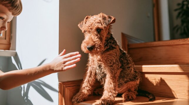 Child playing with a terrier dog on wooden stairs