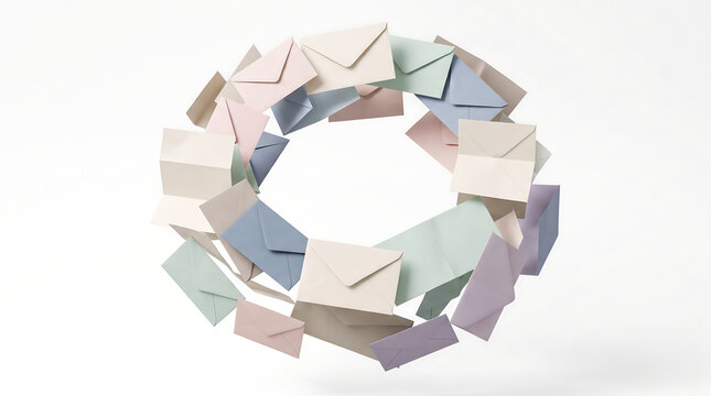 Circular ring frame made of colorful pastel envelopes floating with envelope