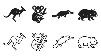 Naklejka premium Australian Wildlife Animals Silhouette Icons, Minimal Black and Outline Vector Style