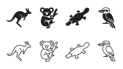 Fototapeta premium Australian Wildlife Animals Silhouette Icons, Minimal Black and Outline Vector Style