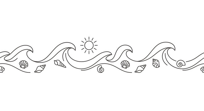 Seamless Ocean Wave Border with Seashells and Sun Line Art