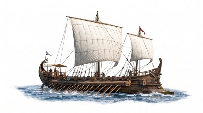 Ancient Greek trireme sails across the calm open sea with multiple oars extended from its wooden hull to navigate through the blue ocean waves during a historical naval voyage in the mediterranean.
