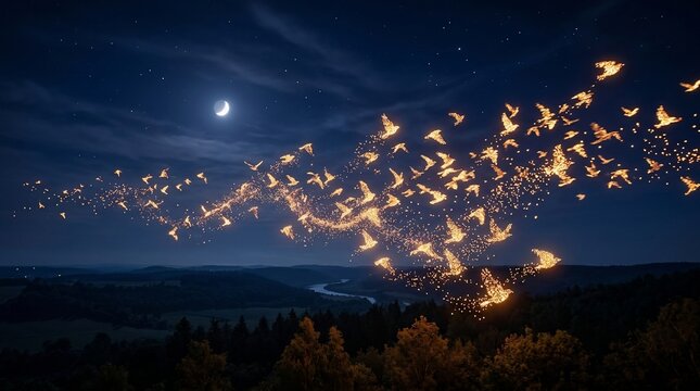 Glowing bird flock