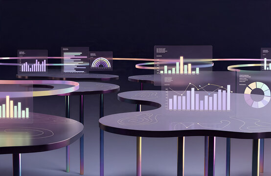 Futuristic network of curved office tables displaying glowing holographic data charts and digital business analytics interfaces