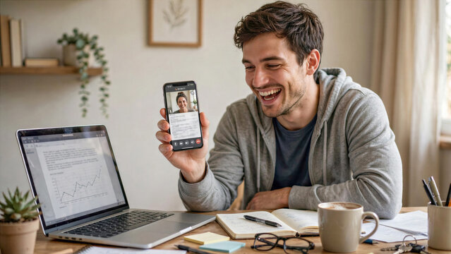 Happy Young Man Holding Smartphone Video Call Leaning on Home Office Desk with Open Laptop Laughing Out Loud