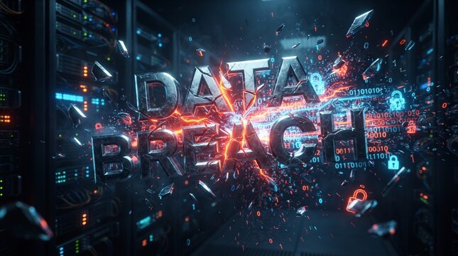 Digital data breach concept with shattered metal letters