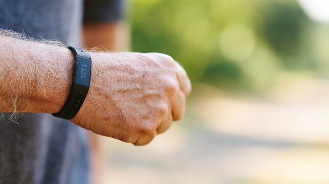 Elderly man checking fitness tracker on wrist outdoors, active senior lifestyle