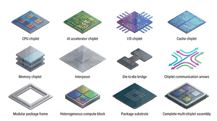 Isometric computer chiplet collection. CPU, memory, AI accelerator and cache. AI interposer, die-to-die bridge, socket, substrate, system in package. Technology and electronics vector graphic © Md Shaikh Farid