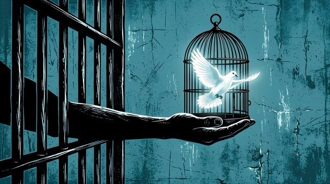 Hand reaching through prison bars holding white dove in cage conceptual illustration of freedom