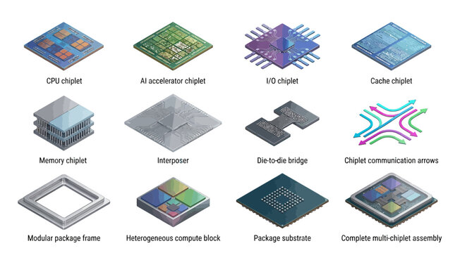 Isometric computer chiplet collection. CPU, memory, AI accelerator and cache. AI interposer, die-to-die bridge, socket, substrate, system in package. Technology and electronics vector graphic