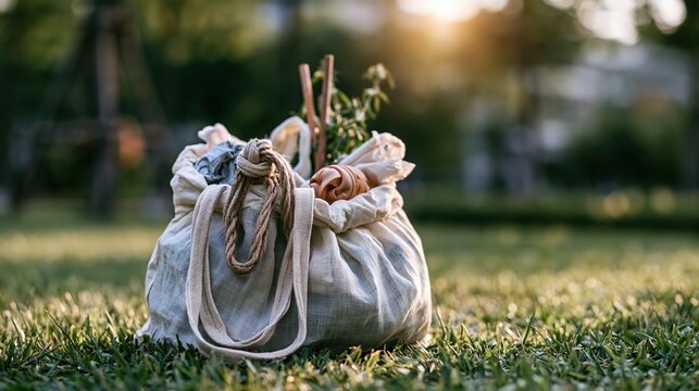 Eco-friendly reusable fabric tote bag filled with fresh produce and greenery on a sunlit grassy lawn