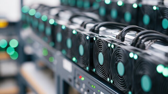 Rows of advanced cryptocurrency mining hardware featuring cooling fans and green LED lights