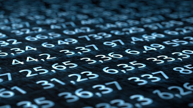 Abstract background of glowing blue numbers and decimals on a dark textured surface representing data and technology.