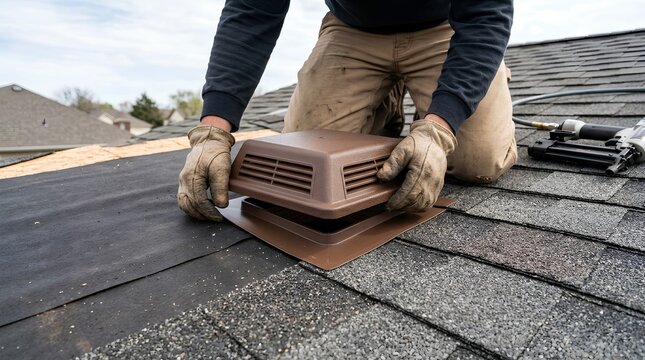 Roofer hands installing plastic roof vent cap on residential shingles house construction repair