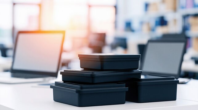 Stack of black office storage boxes on a desk with laptops and office supplies in the background