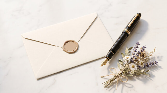 Sealed white paper envelope with fountain pen and small dried flower bouquet