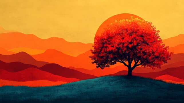 flat-style landscape illustration, the foreground features red maple trees standing on a deep blue gentle slope, while the background consists of layered, gradually changing orange-red mountains.