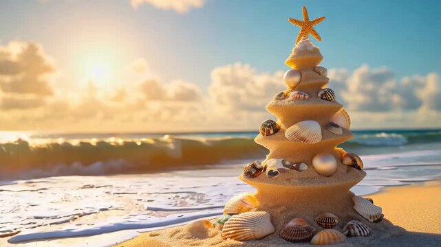 A sand sculpture of a Christmas tree is on a beach surrounded by seashells as the sun sets over the ocean