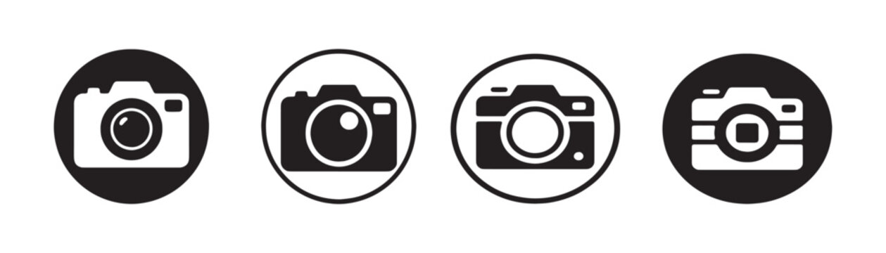 Camera icon collection in circular frames for photography website interface and digital asset usage.