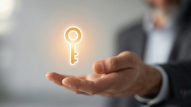 Businessman holding glowing golden key symbolizing solution, opportunity, and success in business