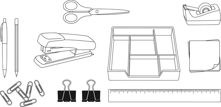 Office supplies line art vector icon set featuring stationery items and desk organization tools