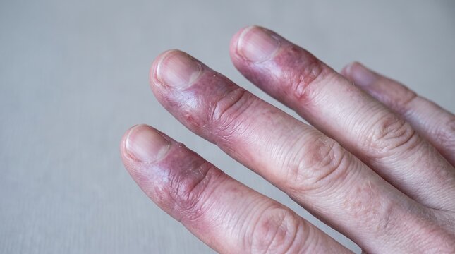 Close up of swollen purple fingers with chilblains lesions and Raynaud syndrome
