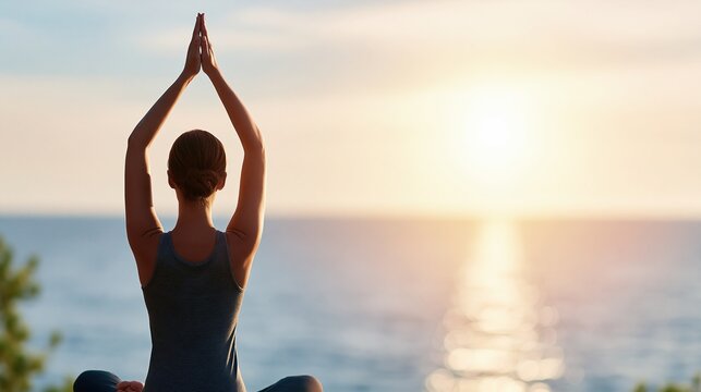 Woman practicing yoga outdoors facing a serene ocean sunset with arms raised in prayer pose