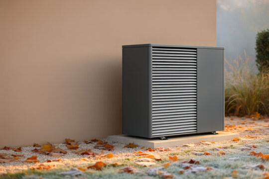 Air source heat pump beside a home wall on a frosty autumn morning