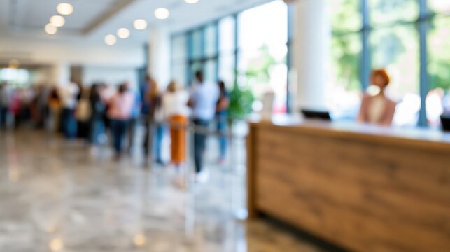 Blurred image of a busy hotel lobby with a reception desk and guests in the background, conveying a sense of movement and activity.