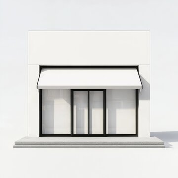a small street-front shop facade model with a pure white minimalist style, featuring black thin-framed glass doors and windows, white retractable awnings, and two light gray steps at the bottom. 
