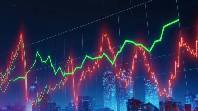 Financial market chart displaying upward and downward trends in red and green lines. ..Created with Generative AI, not depicting real subjects.