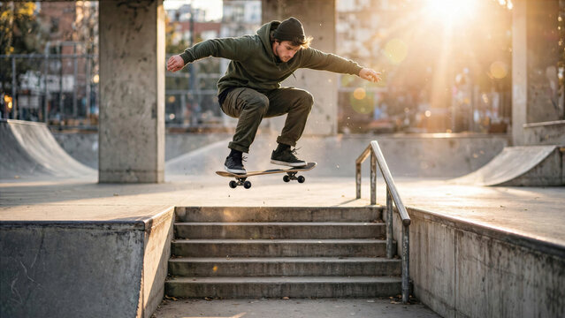 Action photo of skateboarder executing kickflip trick in mid air over concrete stairs in urban skate park