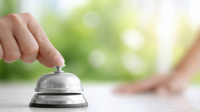 A hand presses a silver service bell on a white table with blurred green background