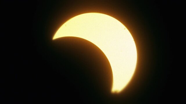 Deep crescent phase solar eclipse with the moon covering most of a glowing golden sun above a treeline, seamless loop for astronomy and space backgrounds